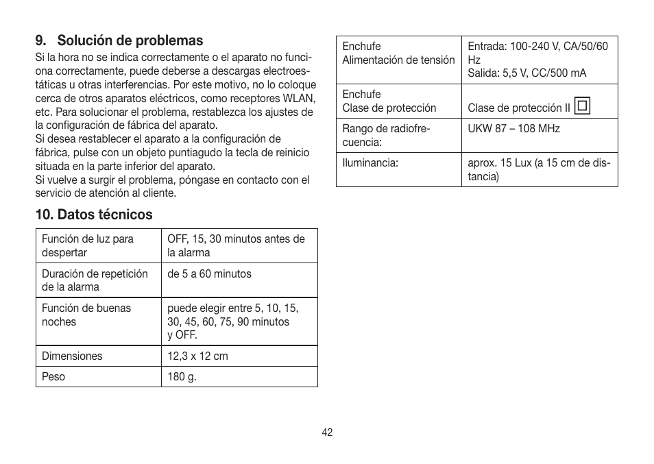 Solución de problemas, Datos técnicos | Beurer WL 32 User Manual | Page 42 / 84