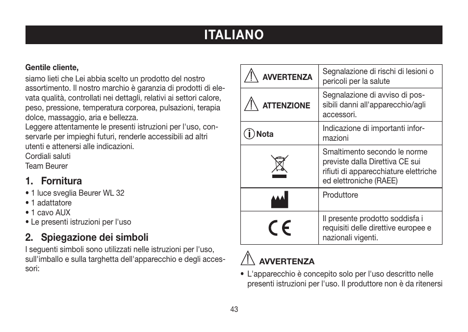 Italiano, Fornitura, Spiegazione dei simboli | Beurer WL 32 User Manual | Page 43 / 84