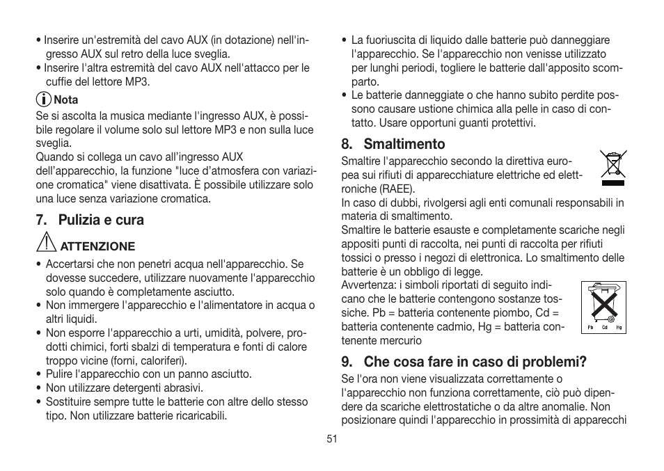 Pulizia e cura, Smaltimento, Che cosa fare in caso di problemi | Beurer WL 32 User Manual | Page 51 / 84