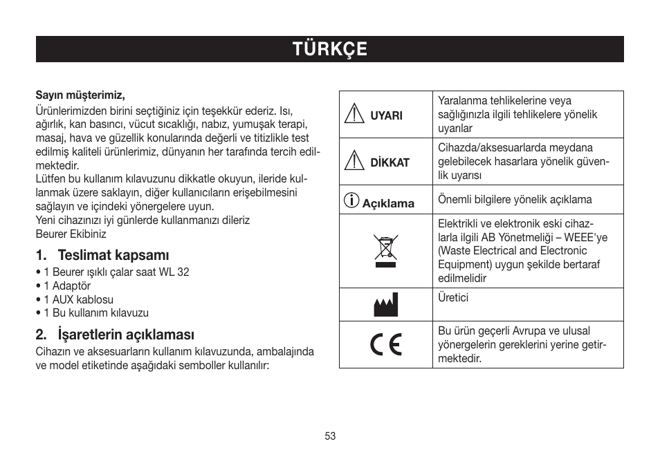 Türkçe, Teslimat kapsamı, Işaretlerin açıklaması | Beurer WL 32 User Manual | Page 53 / 84