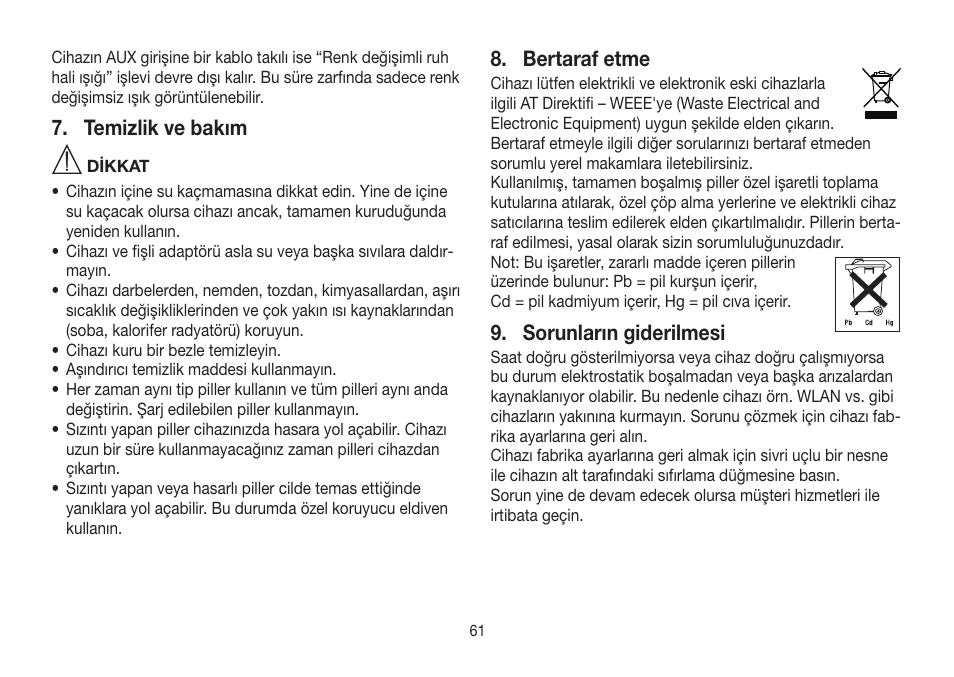 Temizlik ve bakım, Bertaraf etme, Sorunların giderilmesi | Beurer WL 32 User Manual | Page 61 / 84