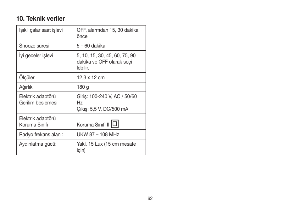 Teknik veriler | Beurer WL 32 User Manual | Page 62 / 84