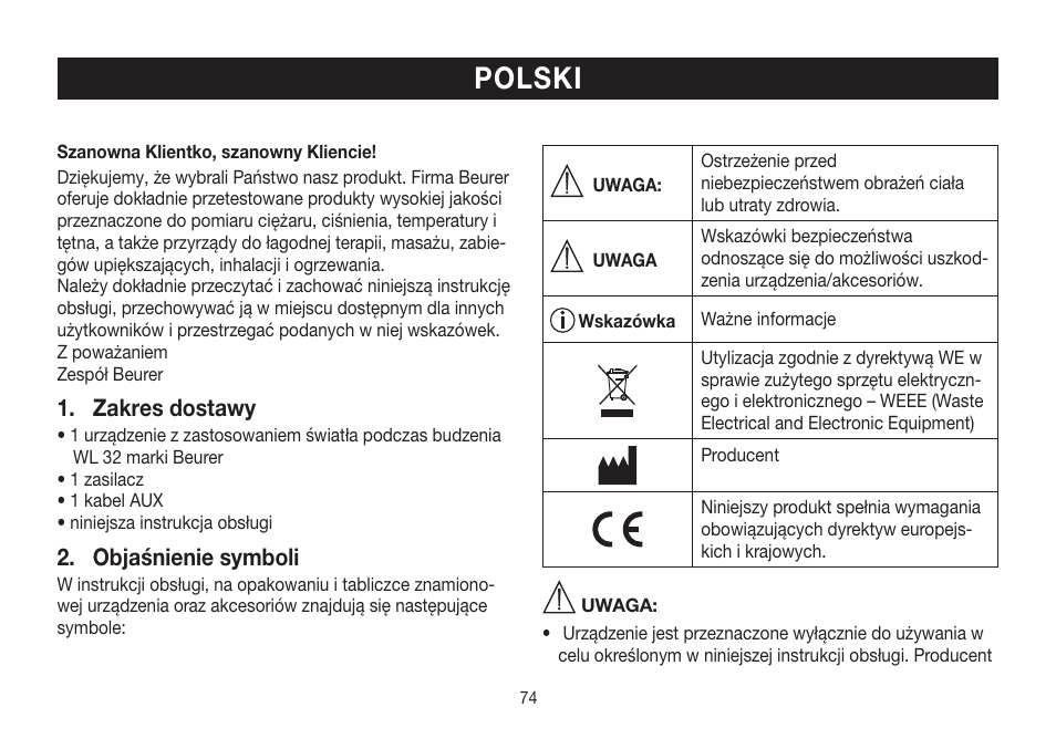 Polski, Zakres dostawy, Objaśnienie symboli | Beurer WL 32 User Manual | Page 74 / 84