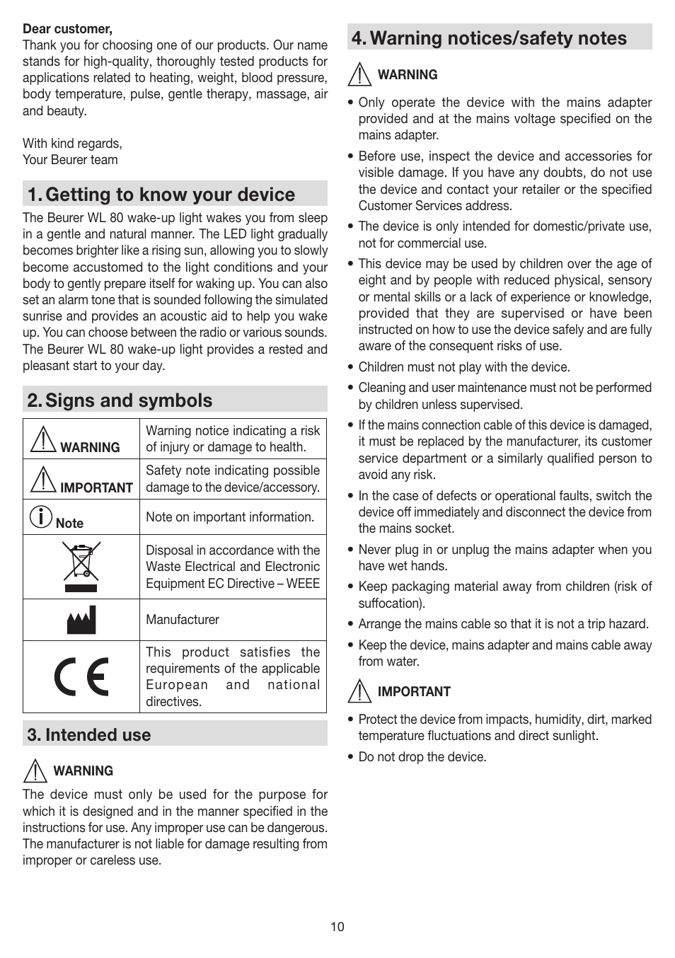 Getting to know your device, Signs and symbols, Intended use | Beurer WL 80 User Manual | Page 10 / 60