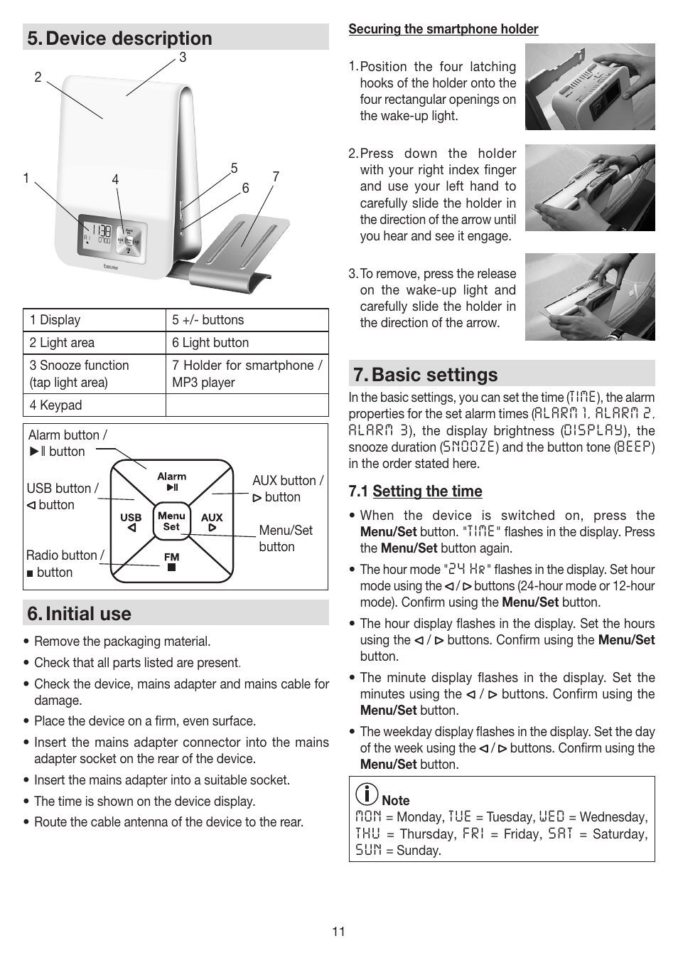 Device description, Initial use, Basic settings | Beurer WL 80 User Manual | Page 11 / 60