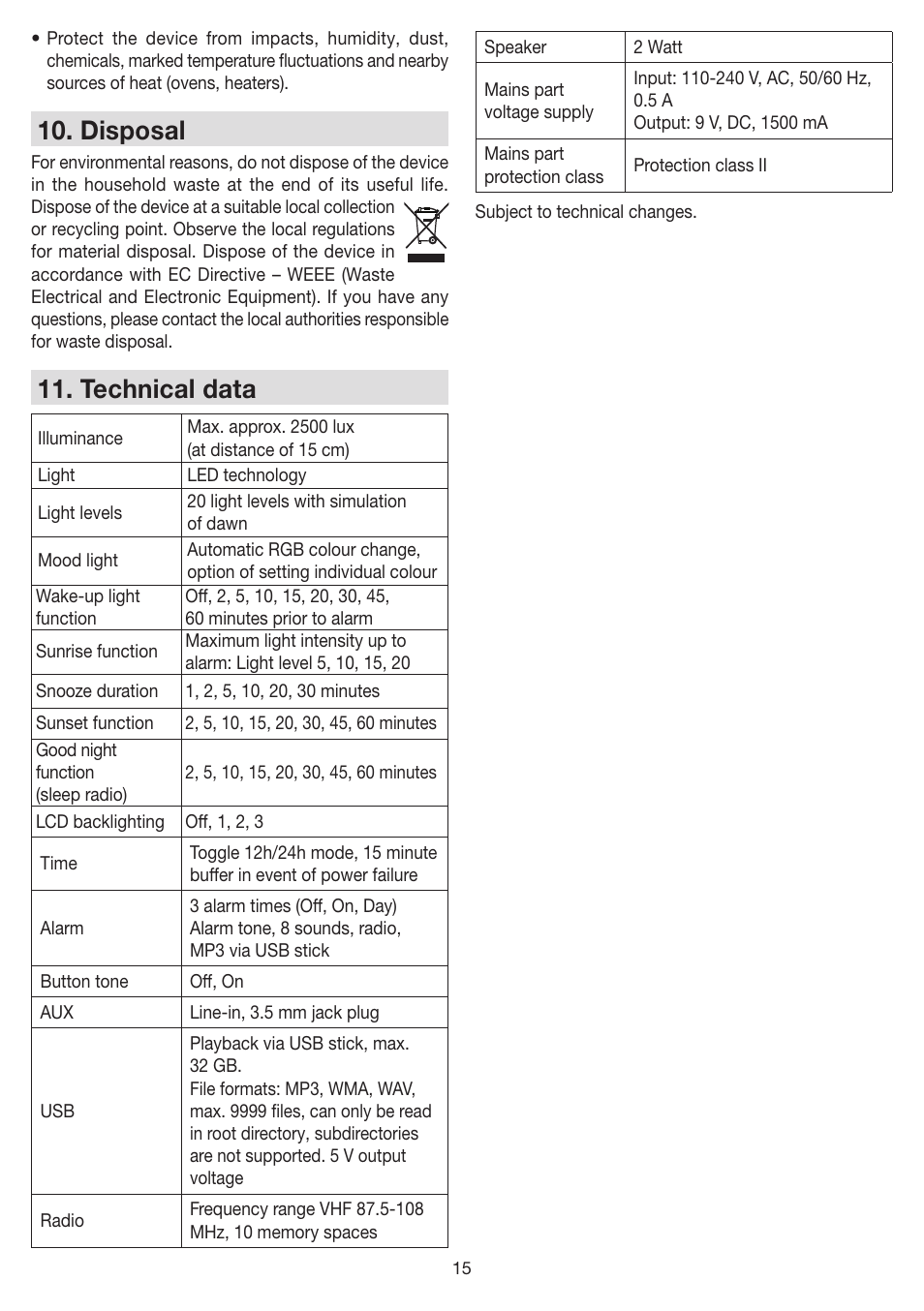 Disposal, Technical data | Beurer WL 80 User Manual | Page 15 / 60