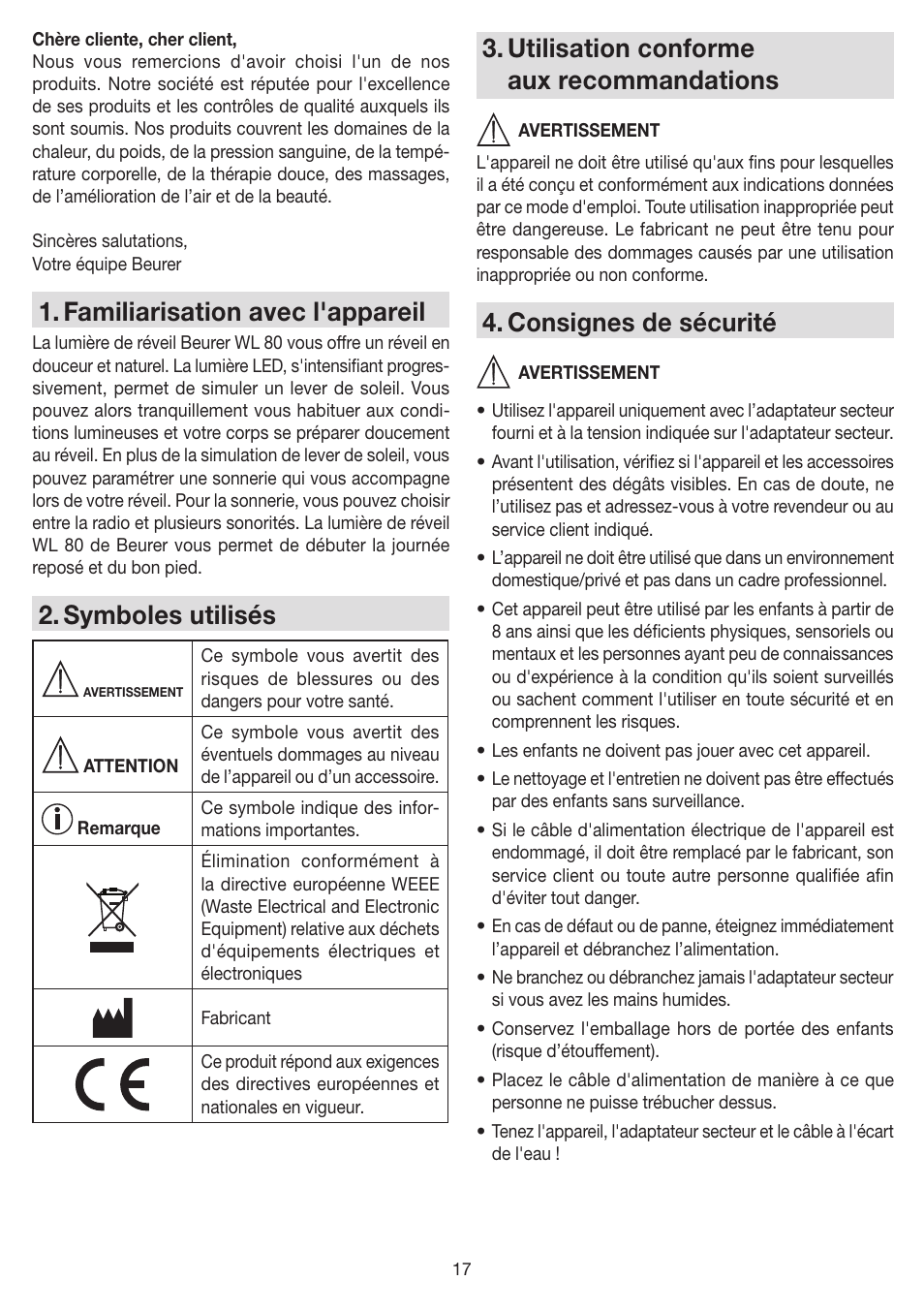 Familiarisation avec l'appareil, Symboles utilisés, Utilisation conforme aux recommandations | Consignes de sécurité | Beurer WL 80 User Manual | Page 17 / 60