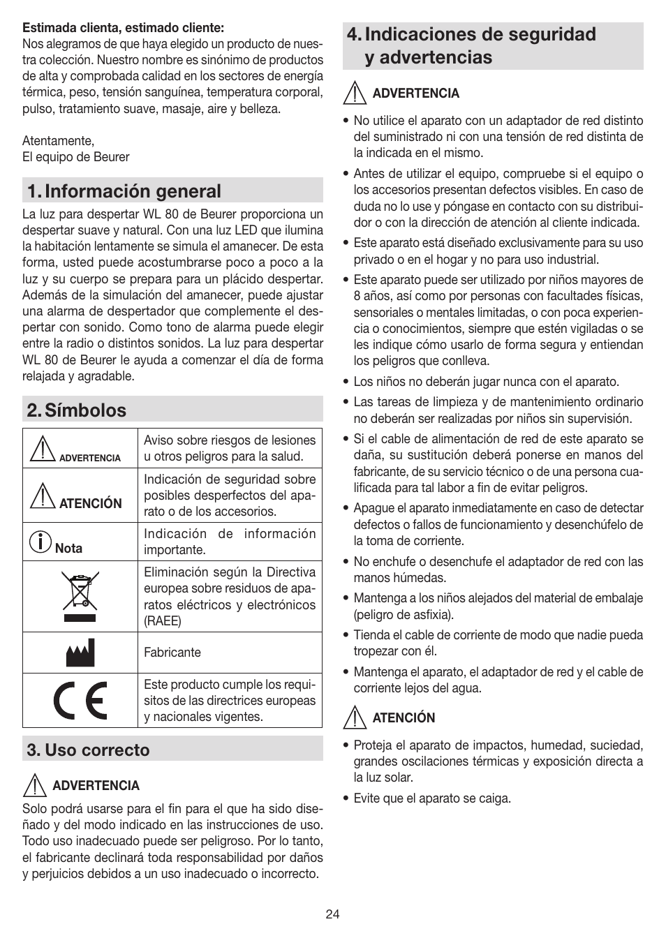 Información general, Símbolos, Indicaciones de seguridad y advertencias | Uso correcto | Beurer WL 80 User Manual | Page 24 / 60