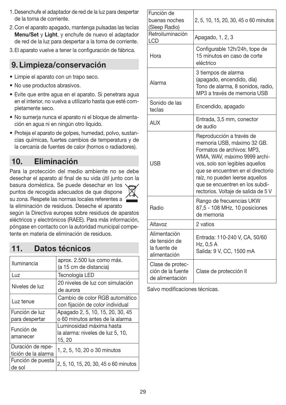 Limpieza/conservación, Eliminación, Datos técnicos | Beurer WL 80 User Manual | Page 29 / 60