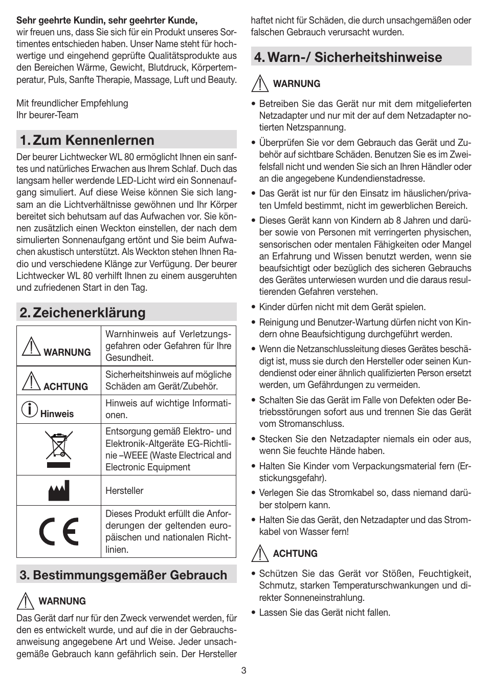 Zum kennenlernen, Zeichenerklärung, Warn-/ sicherheitshinweise | Bestimmungsgemäßer gebrauch | Beurer WL 80 User Manual | Page 3 / 60