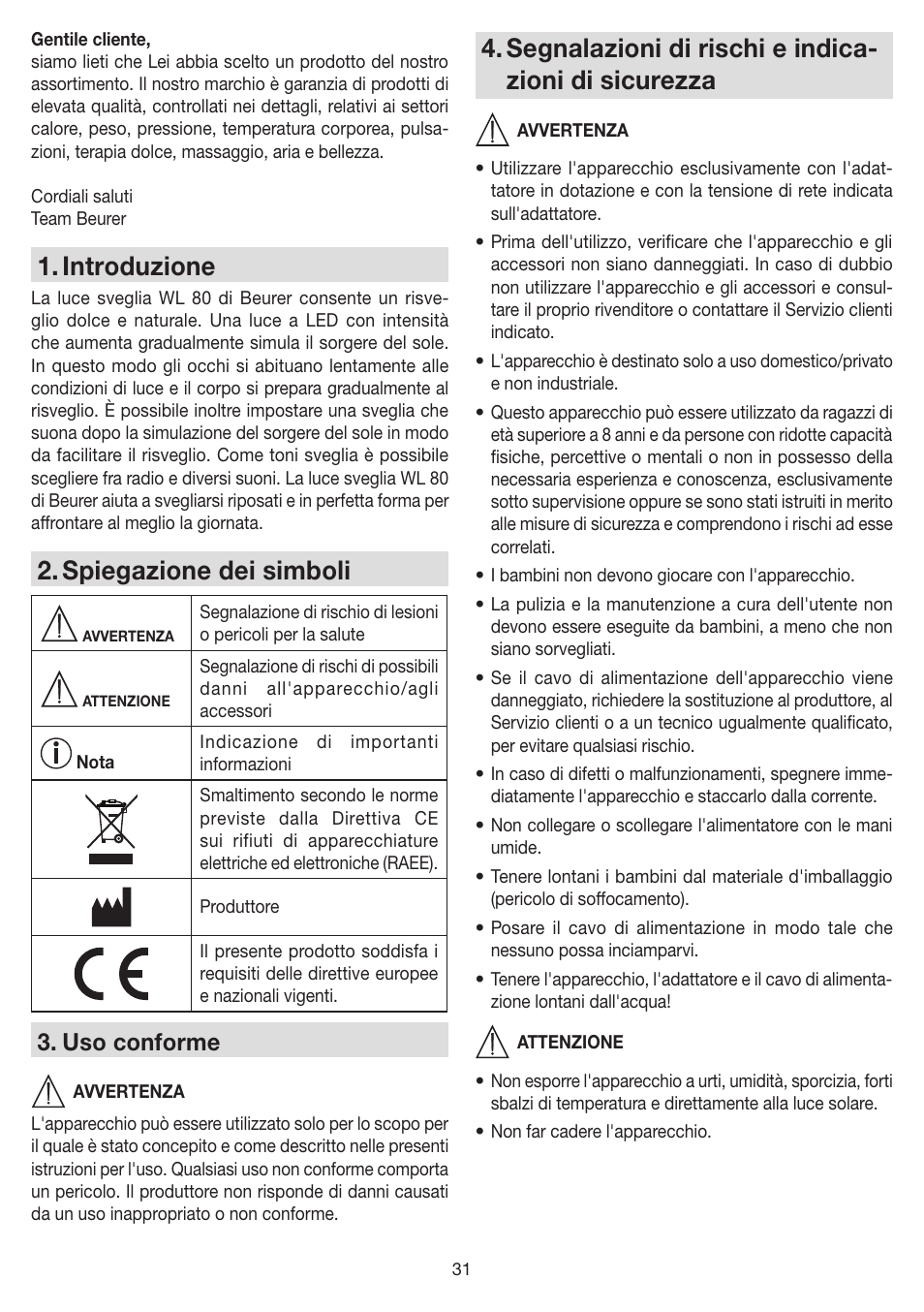 Introduzione, Spiegazione dei simboli, Uso conforme | Beurer WL 80 User Manual | Page 31 / 60