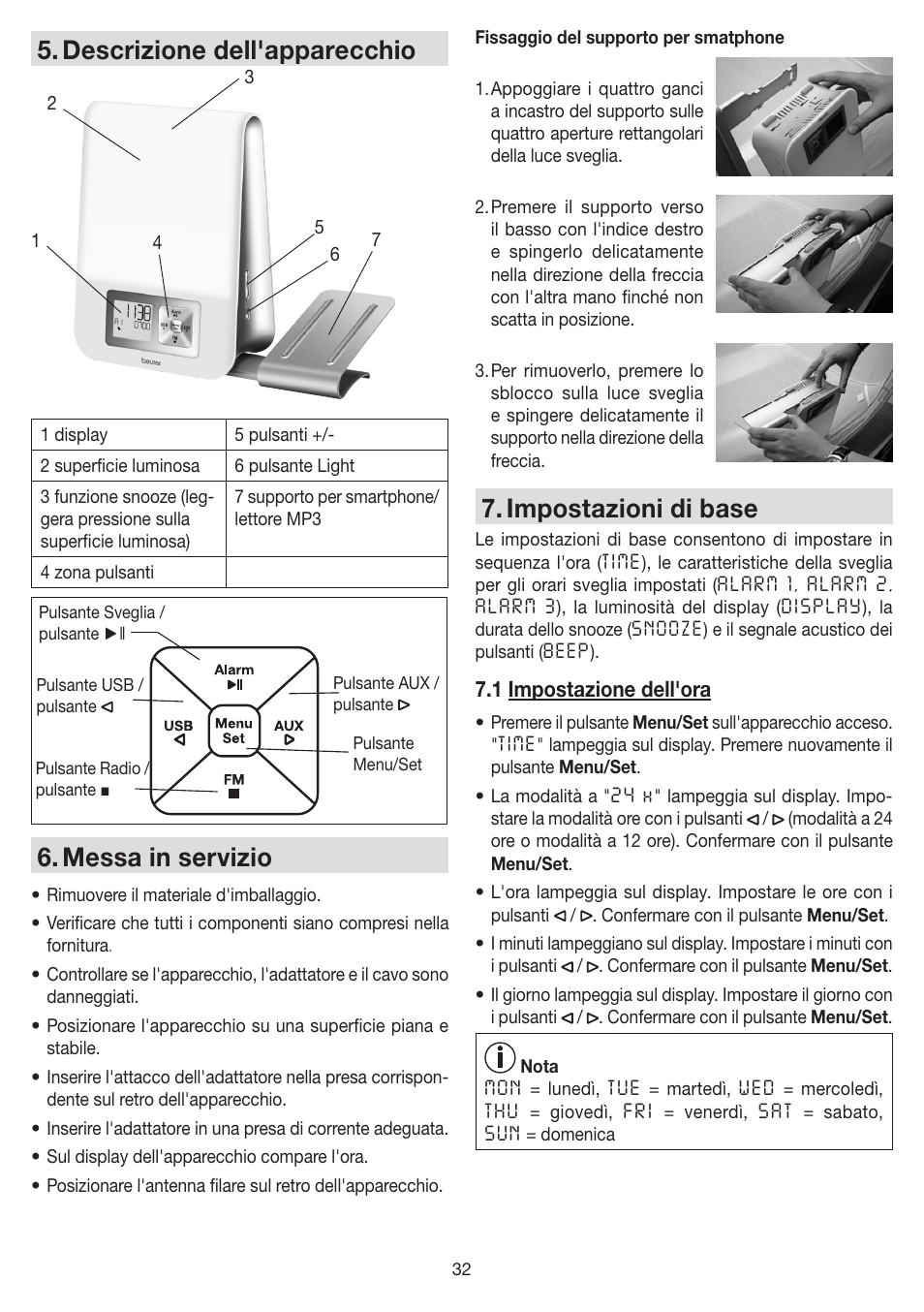 Descrizione dell'apparecchio, Messa in servizio, Impostazioni di base | Beurer WL 80 User Manual | Page 32 / 60