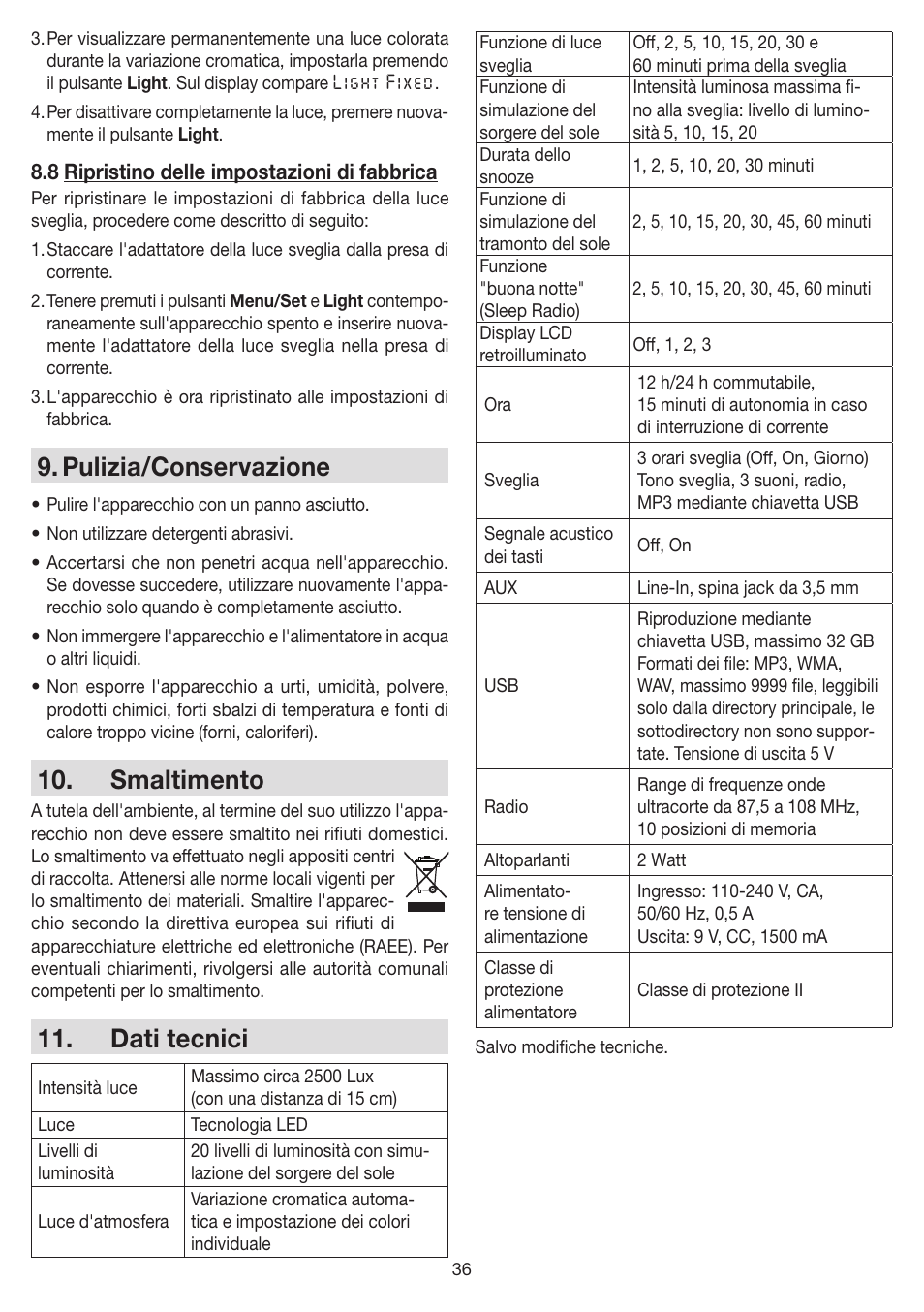 Pulizia/conservazione, Smaltimento, Dati tecnici | Beurer WL 80 User Manual | Page 36 / 60