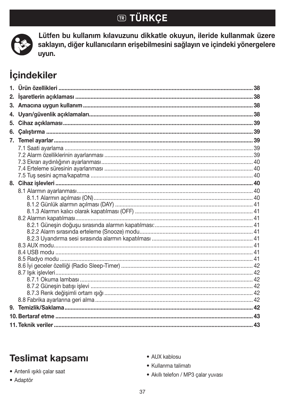 Içindekiler t türkçe teslimat kapsamı | Beurer WL 80 User Manual | Page 37 / 60