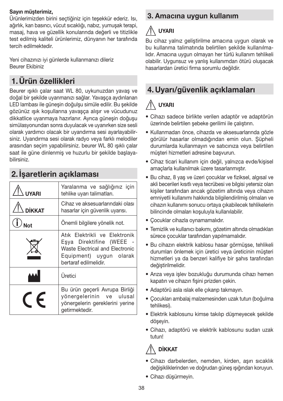 Ürün özellikleri, Işaretlerin açıklaması, Uyarı/güvenlik açıklamaları | Amacına uygun kullanım | Beurer WL 80 User Manual | Page 38 / 60