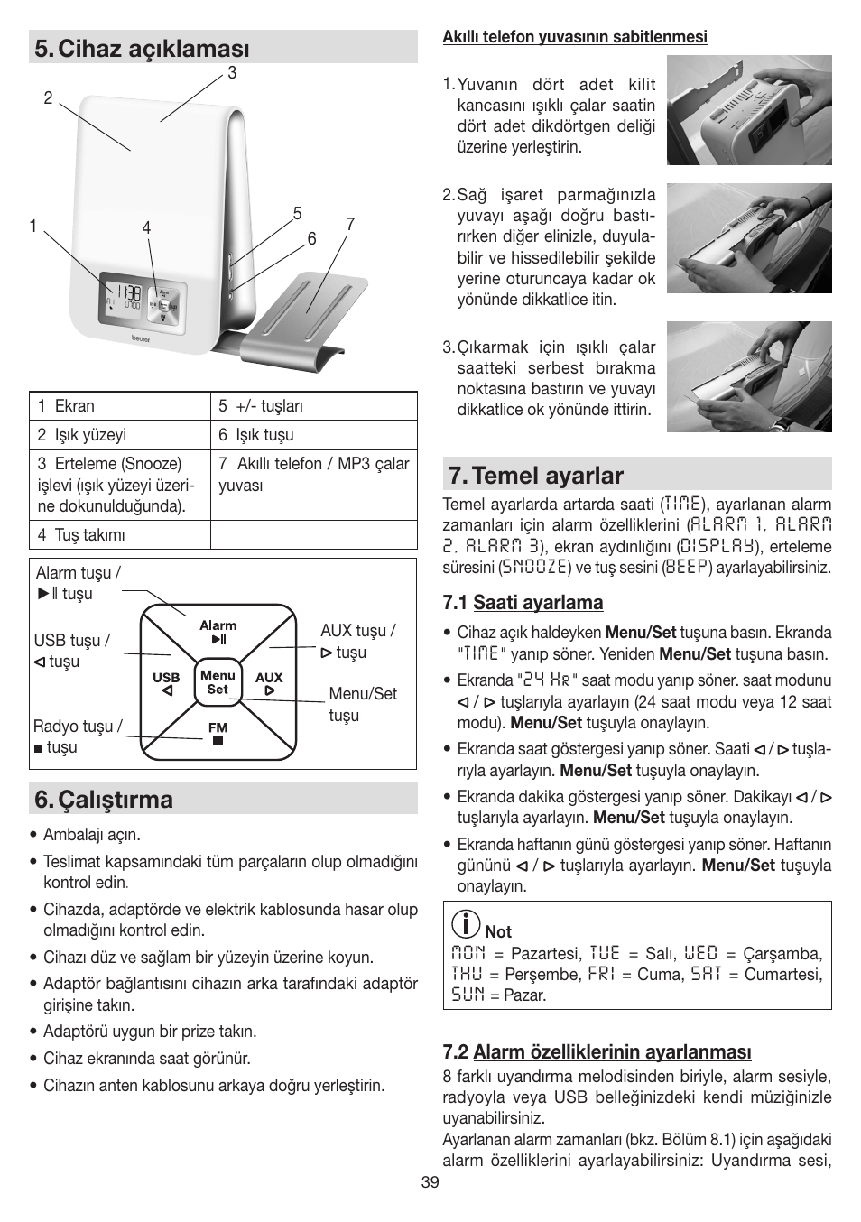 Cihaz açıklaması, Çalıştırma, Temel ayarlar | Beurer WL 80 User Manual | Page 39 / 60