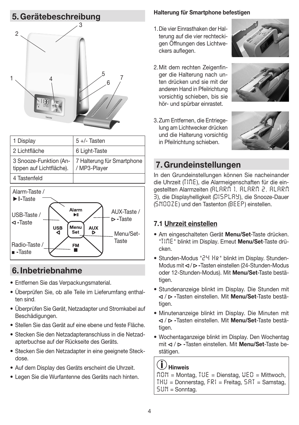 Gerätebeschreibung, Inbetriebnahme, Grundeinstellungen | Beurer WL 80 User Manual | Page 4 / 60