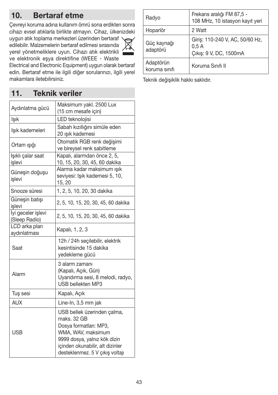 Bertaraf etme, Teknik veriler | Beurer WL 80 User Manual | Page 43 / 60