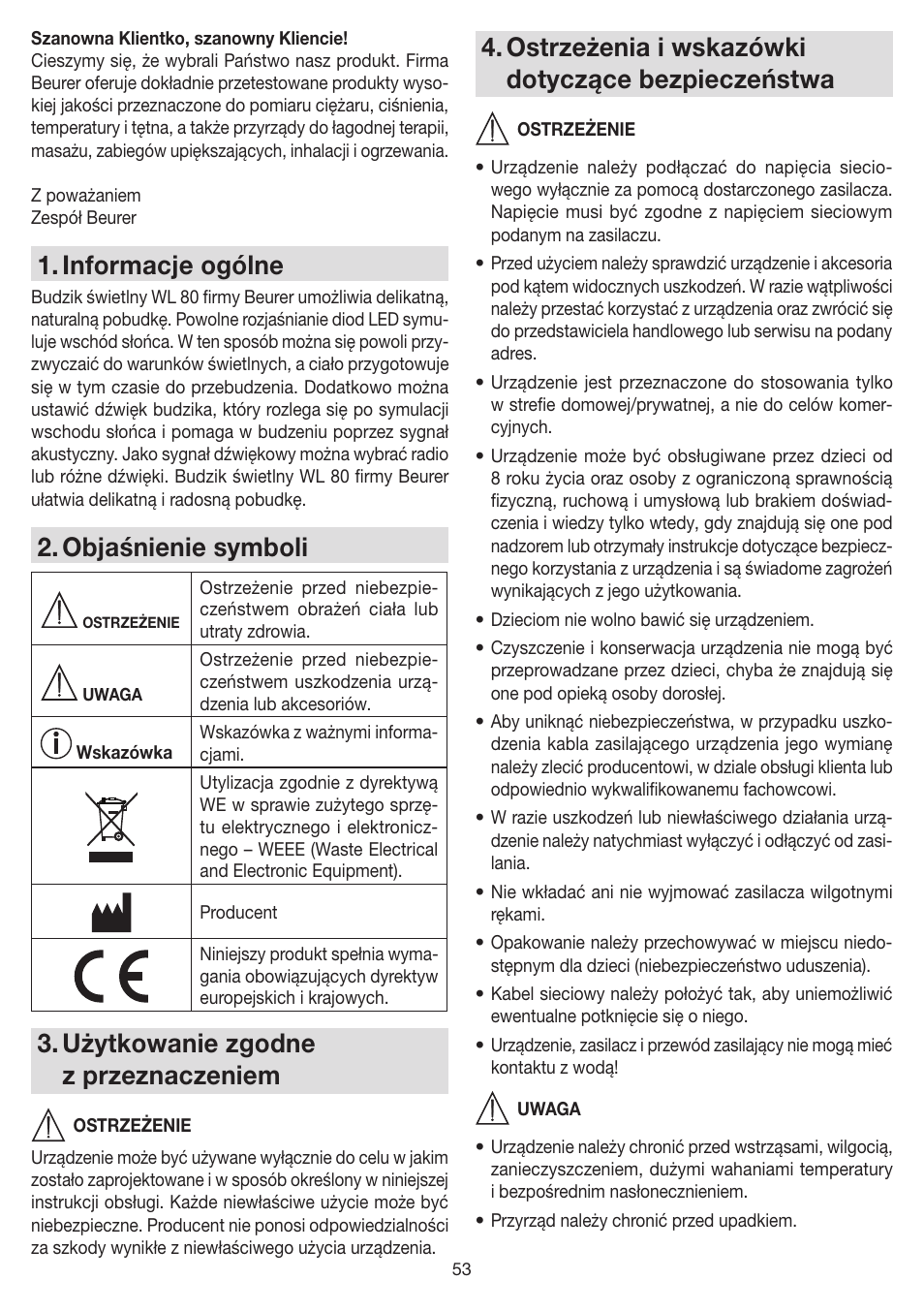Informacje ogólne, Objaśnienie symboli, Użytkowanie zgodne z przeznaczeniem | Ostrzeżenia i wskazówki dotyczące bezpieczeństwa | Beurer WL 80 User Manual | Page 53 / 60