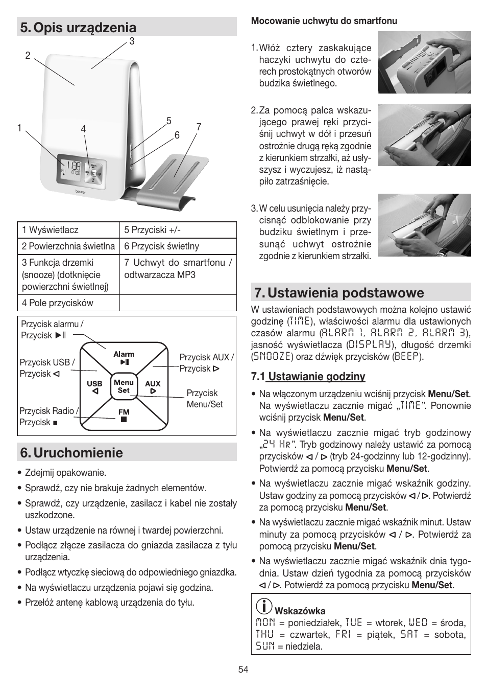 Opis urządzenia, Uruchomienie, Ustawienia podstawowe | Beurer WL 80 User Manual | Page 54 / 60