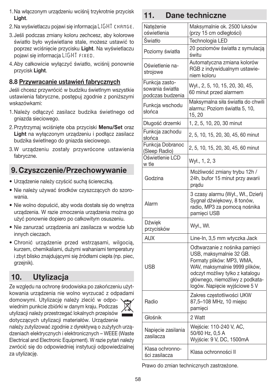 Czyszczenie/przechowywanie, Utylizacja, Dane techniczne | Beurer WL 80 User Manual | Page 58 / 60