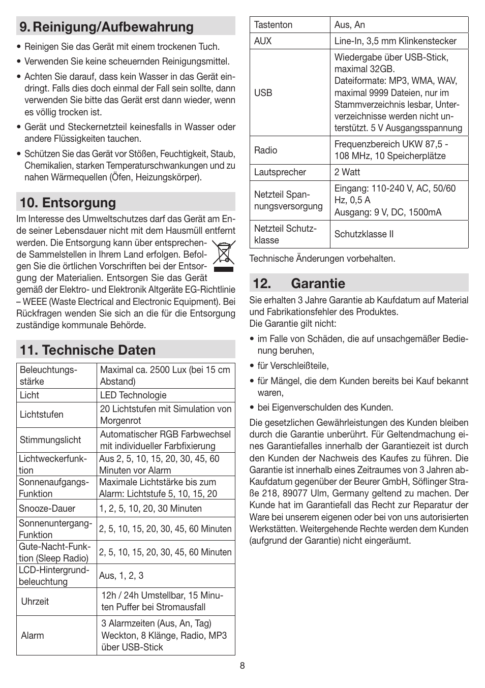 Reinigung/aufbewahrung, Entsorgung, Technische daten | Garantie | Beurer WL 80 User Manual | Page 8 / 60