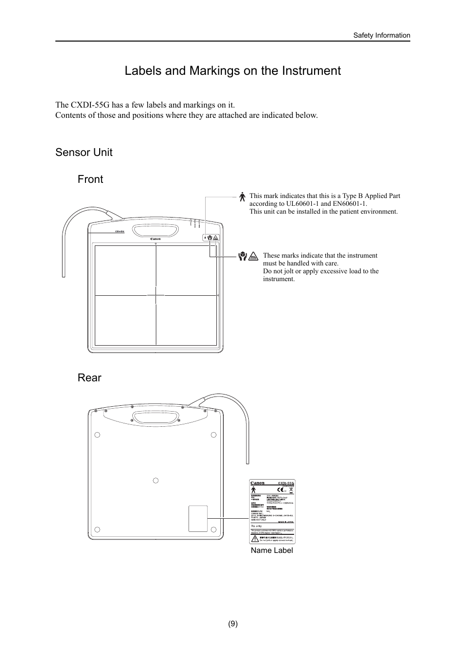 Labels and markings on the instrument, Sensor unit front rear | Canon CXDI-55G User Manual | Page 11 / 36
