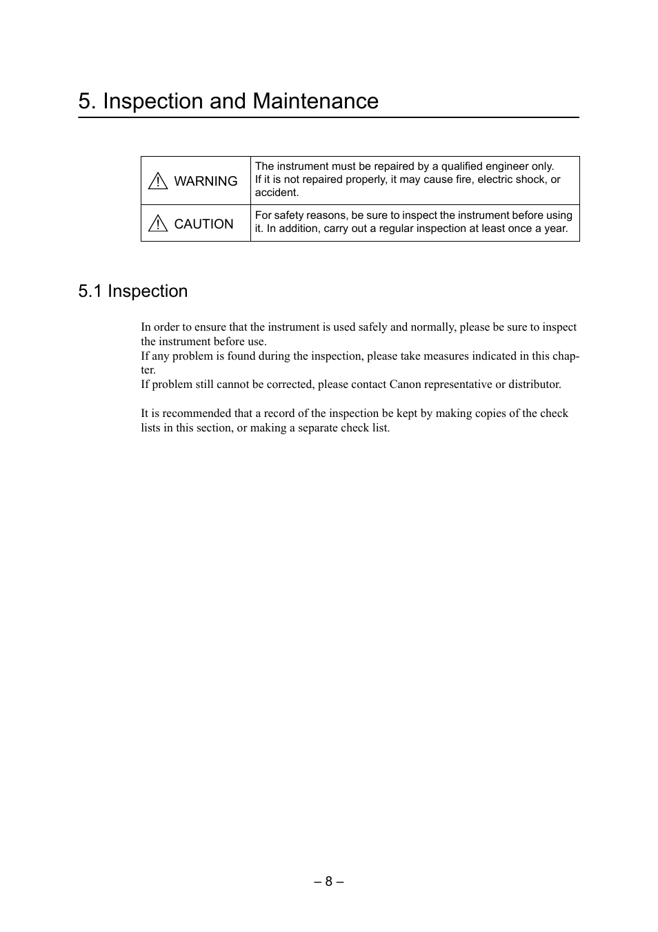 Inspection and maintenance, 1 inspection | Canon CXDI-55G User Manual | Page 22 / 36