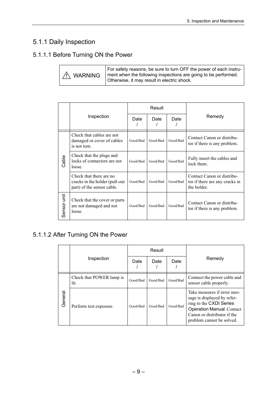 1 daily inspection, Warning | Canon CXDI-55G User Manual | Page 23 / 36