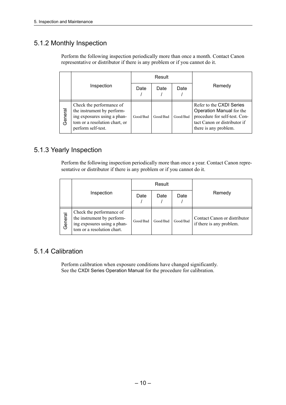 2 monthly inspection, 3 yearly inspection, 4 calibration | Canon CXDI-55G User Manual | Page 24 / 36