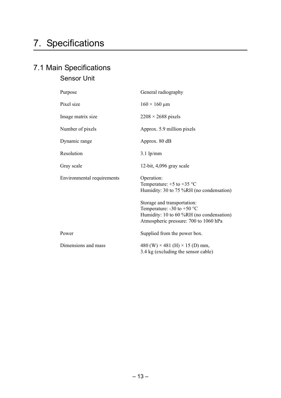 Specifications, 1 main specifications, Sensor unit | Canon CXDI-55G User Manual | Page 27 / 36