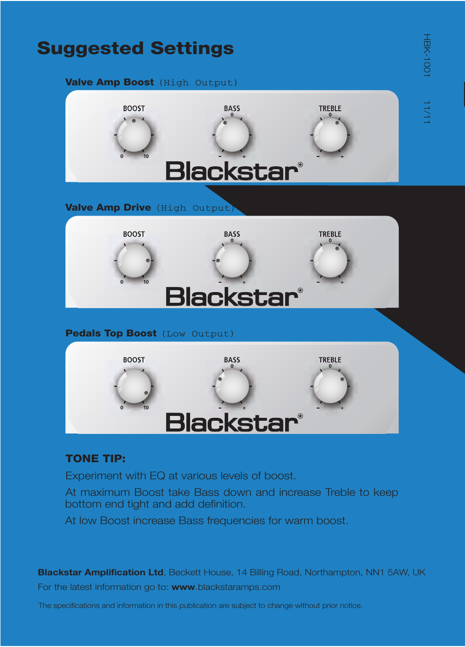 Suggested settings | Blackstar HT-BOOST User Manual | Page 17 / 17