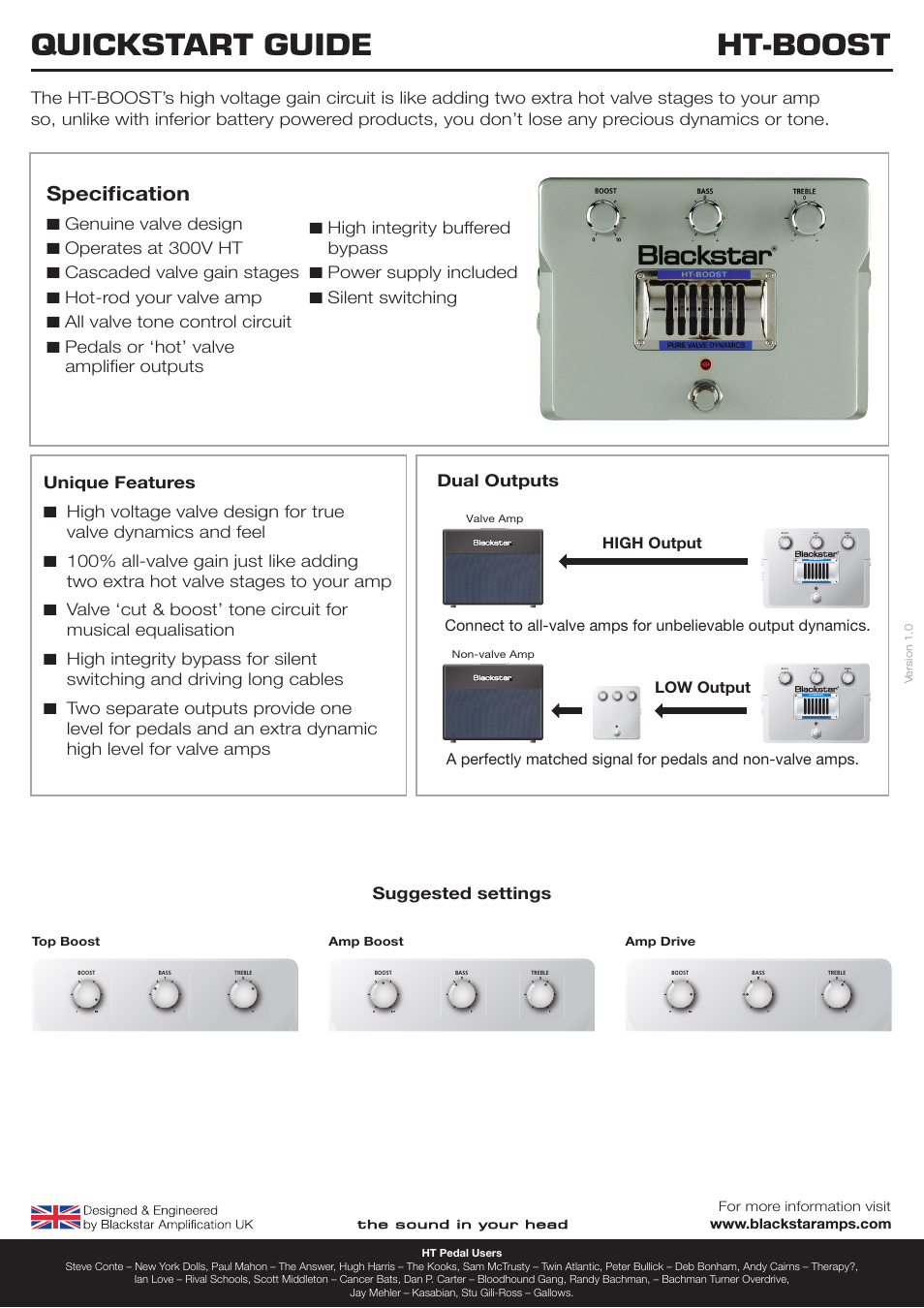 Blackstar HT-BOOST Quick start User Manual | 1 page