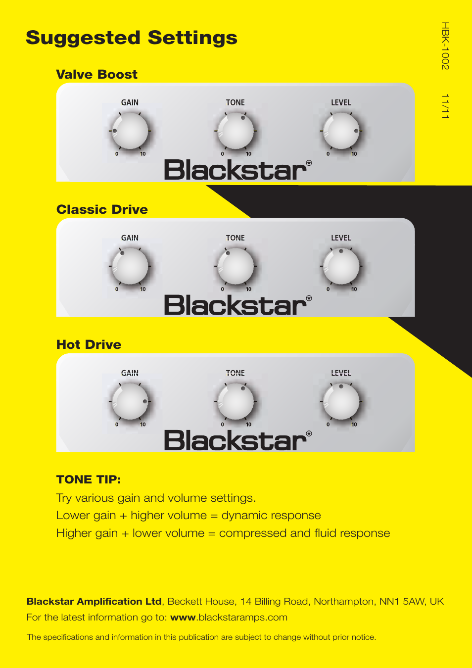 Suggested settings, Valve boost hot drive classic drive | Blackstar HT-DRIVE User Manual | Page 17 / 17