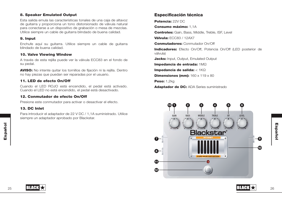 Especificación técnica, Speaker emulated output, Input | Valve viewing window, Led de efecto on/off, Conmutador de efecto on/off, Dc inlet, Español | Blackstar HT-DIST User Manual | Page 13 / 17