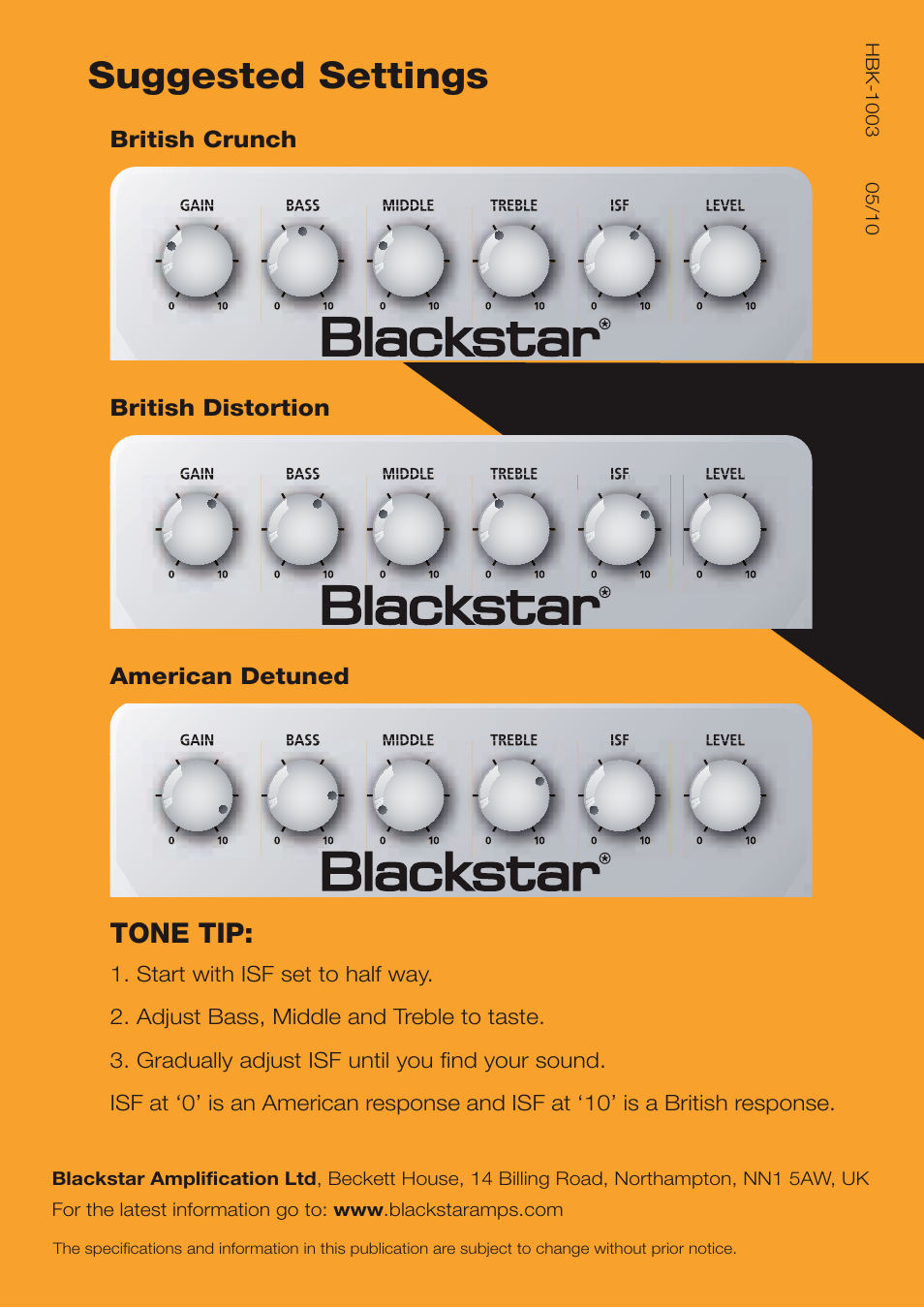Ht-dist, Suggested settings, Owner’s manual | Tone tip, British crunch, British distortion, American detuned | Blackstar HT-DIST User Manual | Page 17 / 17