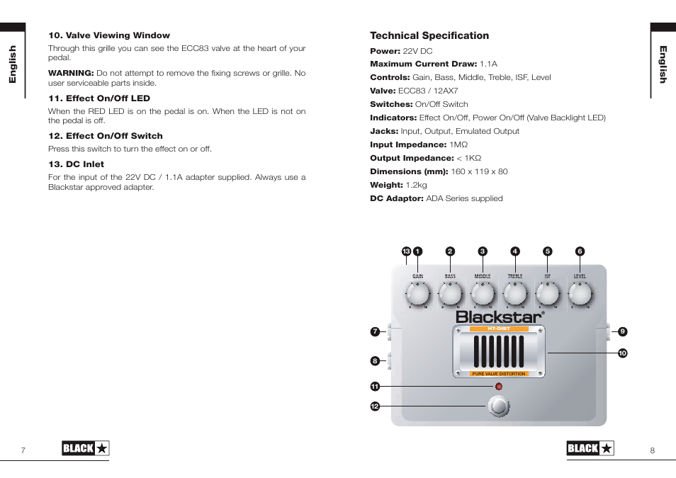 Technical specification, Valve viewing window, Effect on/off led | Effect on/off switch, Dc inlet, English | Blackstar HT-DIST User Manual | Page 4 / 17