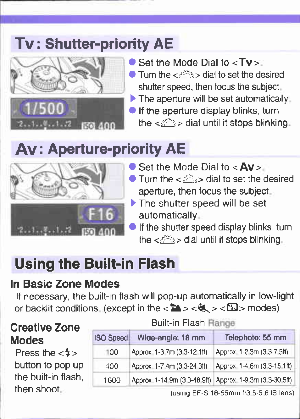 Tv: shutter-priority ae, Using the buiit-in fiash, In basic zone modes | Creative zone modes, Av: aperture-priority ae | Canon EOS 1000 D User Manual | Page 13 / 16