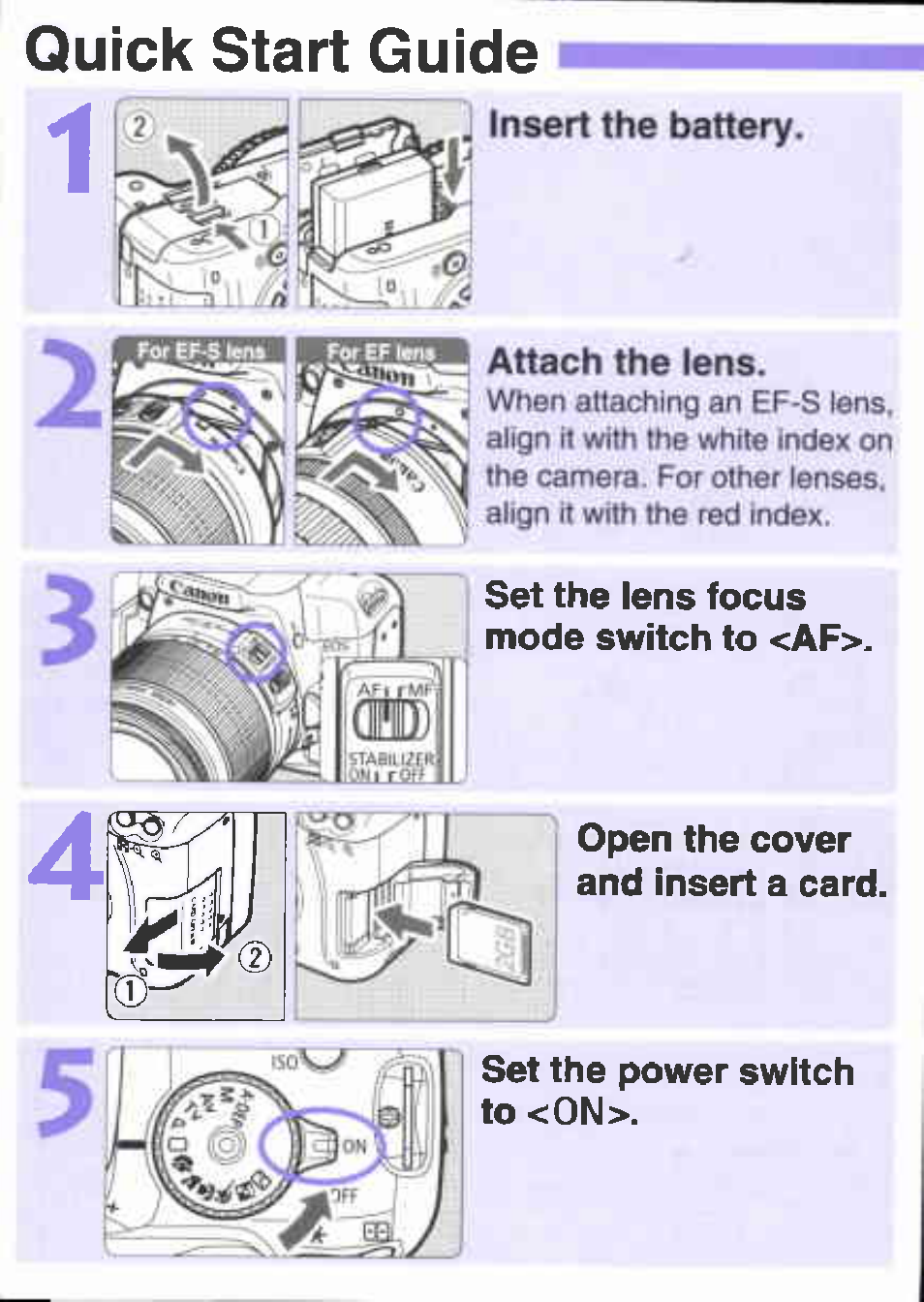 Insert the battery, Attach the lens, Set the lens focus mode switch to <af | Quick start guide | Canon EOS 1000 D User Manual | Page 2 / 16