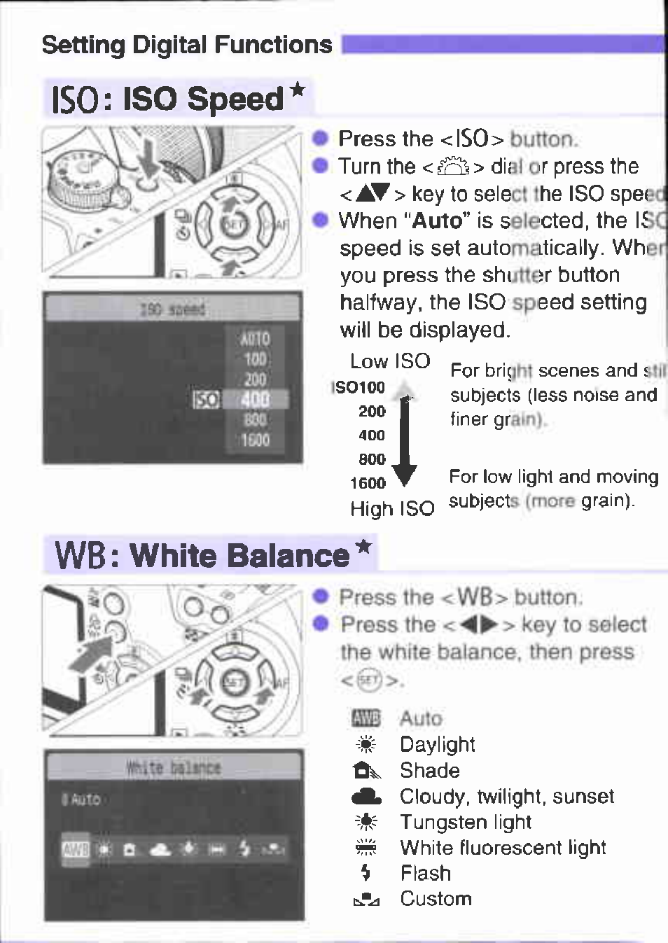Setting digital functions i, Iso speed, White balance | Canon EOS 1000 D User Manual | Page 9 / 16