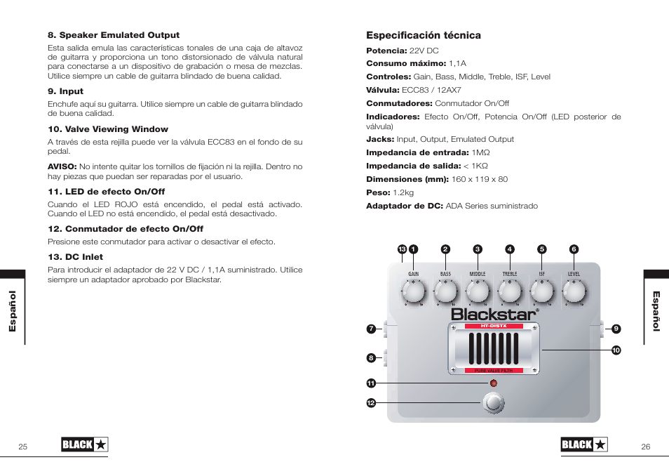 Especificación técnica, Speaker emulated output, Input | Valve viewing window, Led de efecto on/off, Conmutador de efecto on/off, Dc inlet, Español | Blackstar HT-DISTX User Manual | Page 13 / 17