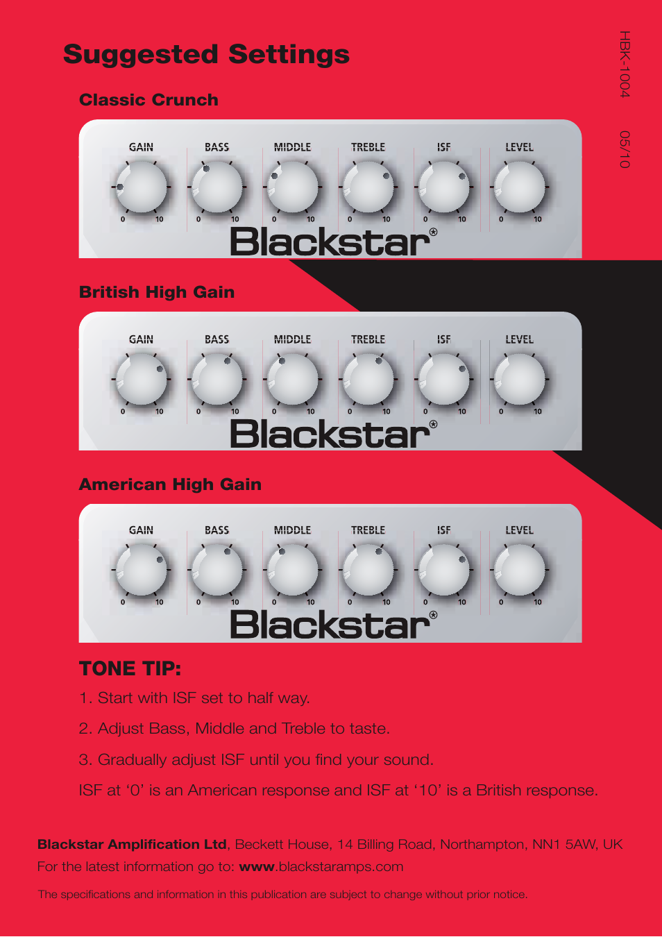 Ht-distx, Suggested settings, Owner’s manual | Tone tip, Classic crunch, British high gain, American high gain | Blackstar HT-DISTX User Manual | Page 17 / 17