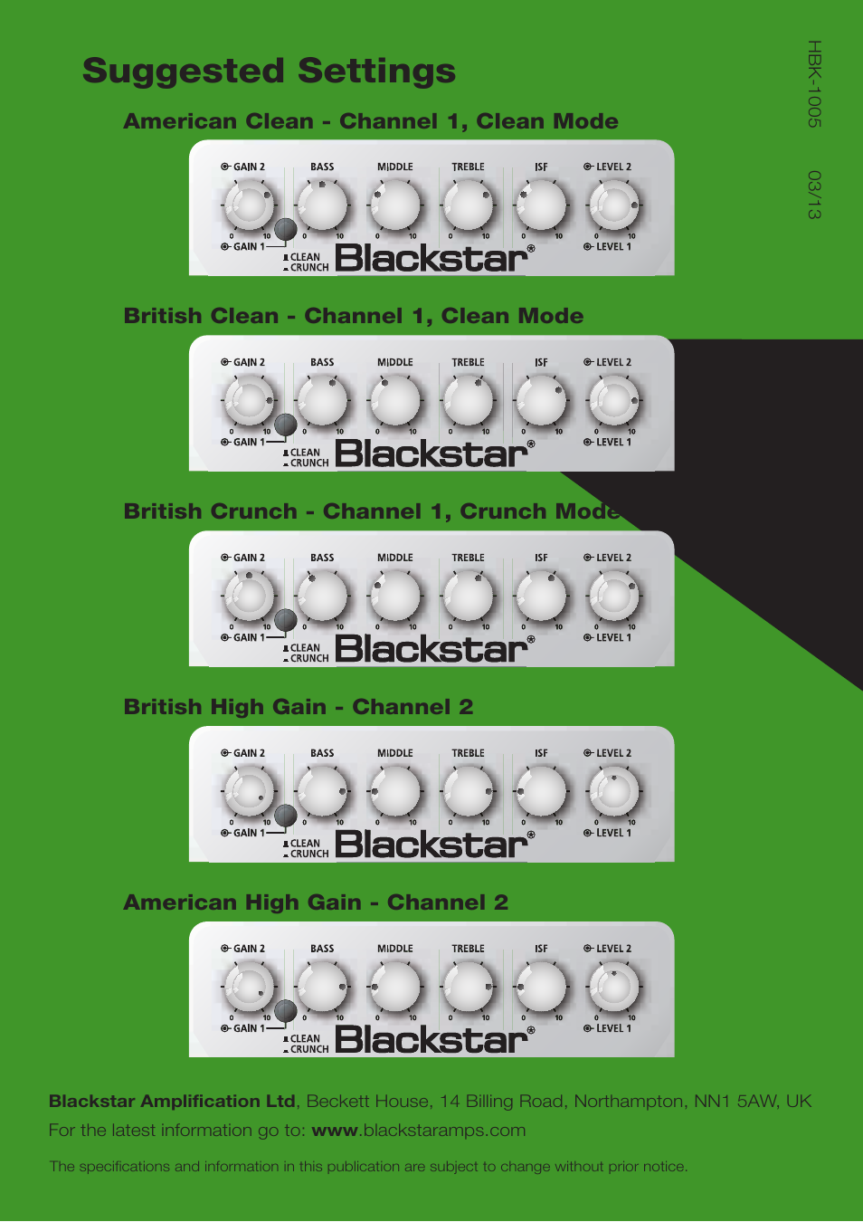 Ht-dual, Suggested settings, Owner’s manual | Blackstar HT-DUAL User Manual | Page 17 / 17