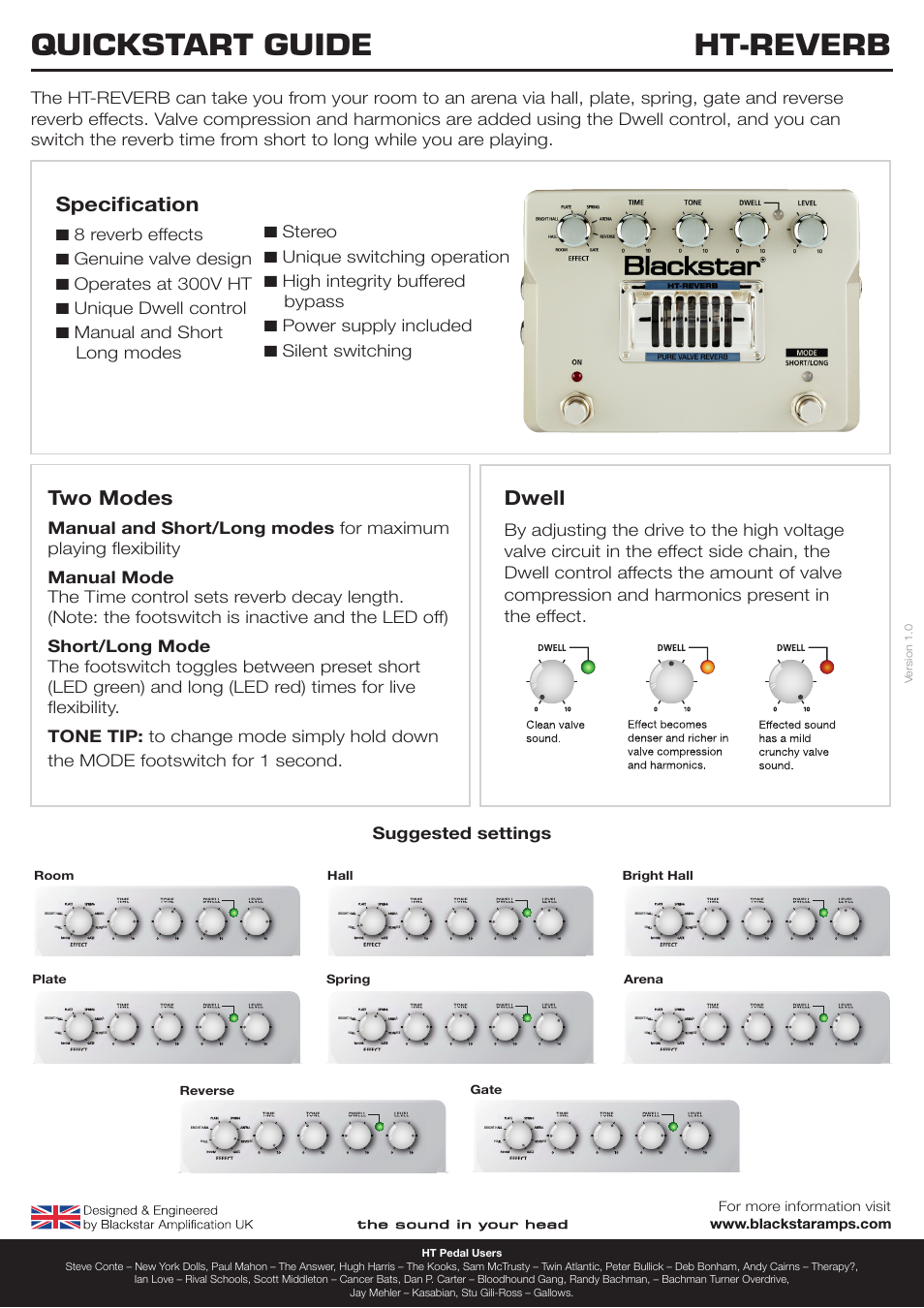Blackstar HT-REVERB Quick start User Manual | 1 page