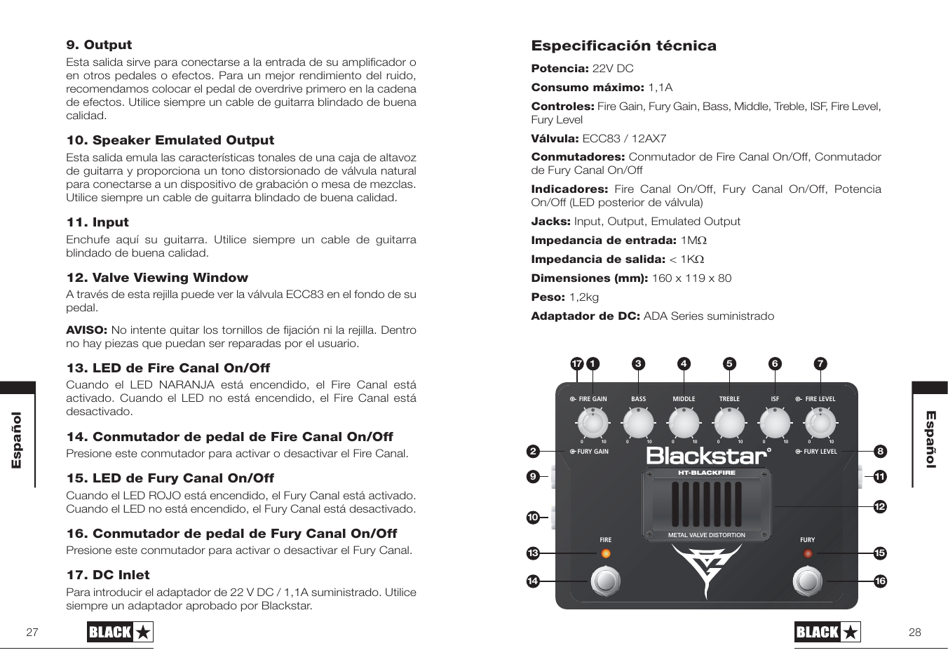 Especificación técnica | Blackstar HT-BLACKFIRE User Manual | Page 14 / 19