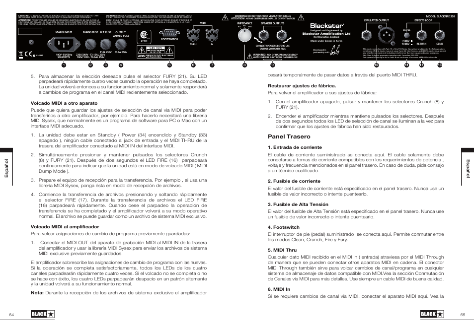 Panel trasero | Blackstar Blackfire 200 User Manual | Page 33 / 43