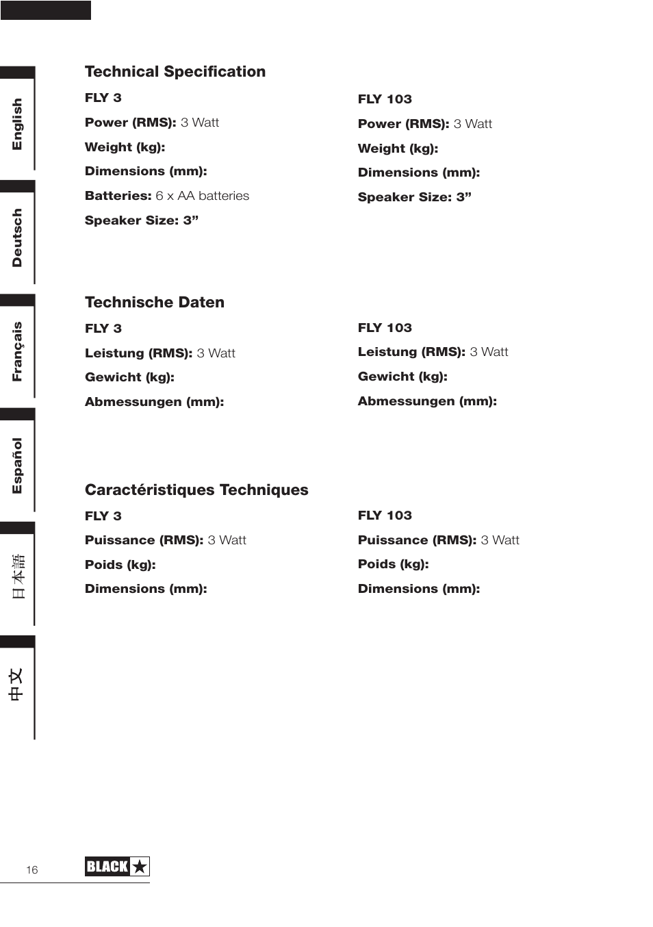 Technical specification, Technische daten, Caractéristiques techniques | Blackstar FLY 3 Mini User Manual | Page 17 / 22