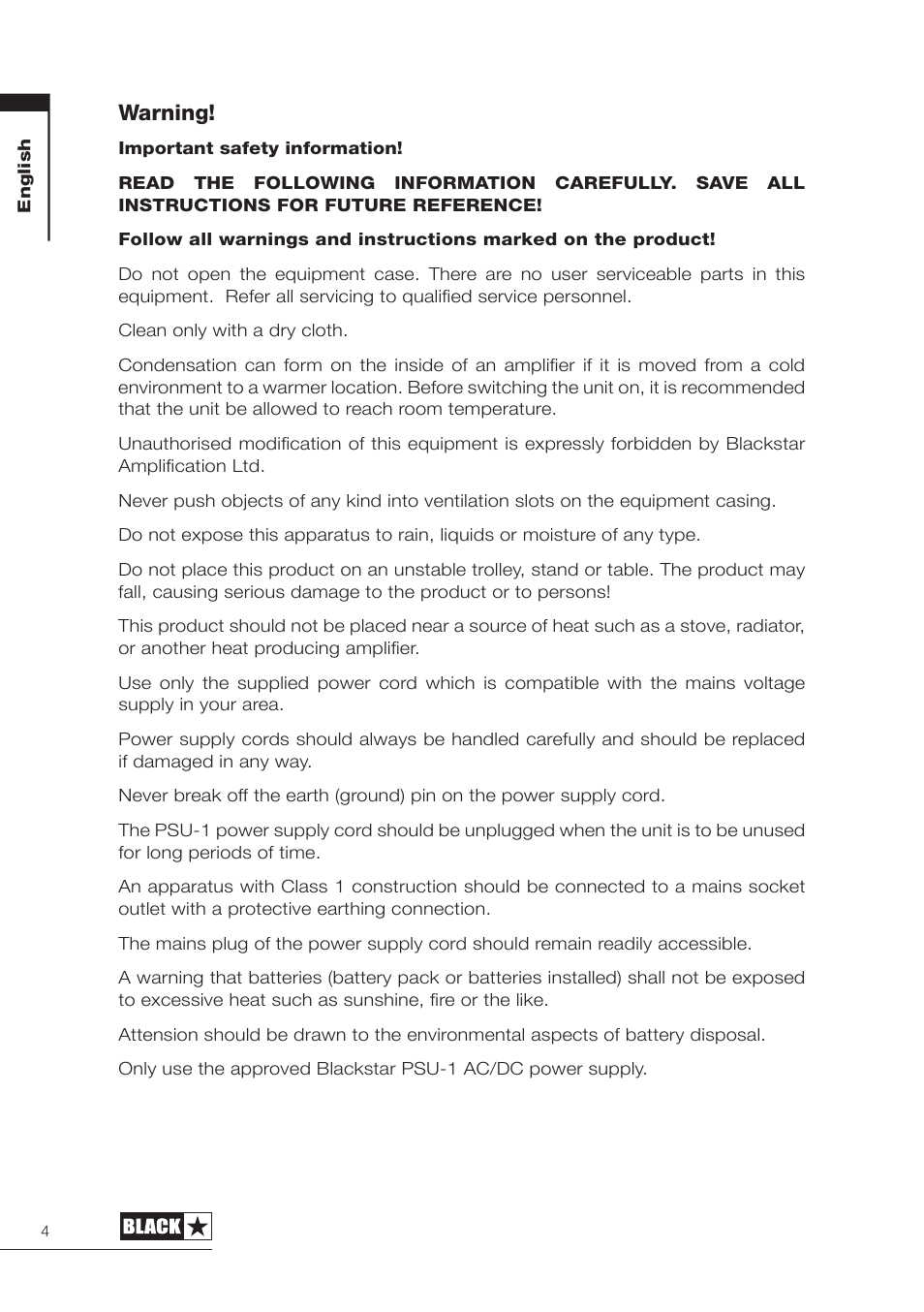 Warning | Blackstar FLY 3 Mini User Manual | Page 5 / 22