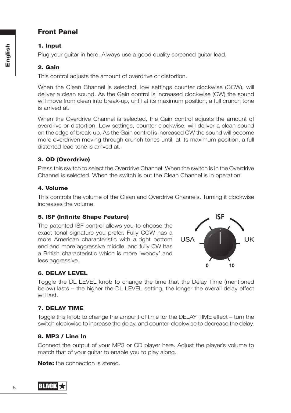 Front panel | Blackstar FLY 3 Mini User Manual | Page 9 / 22