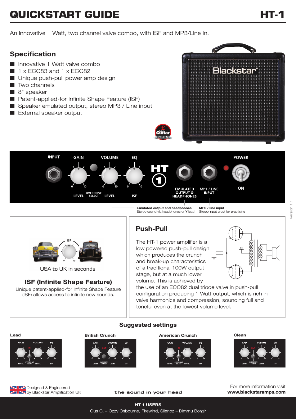 Blackstar HT-1 Combo Quick start User Manual | 1 page